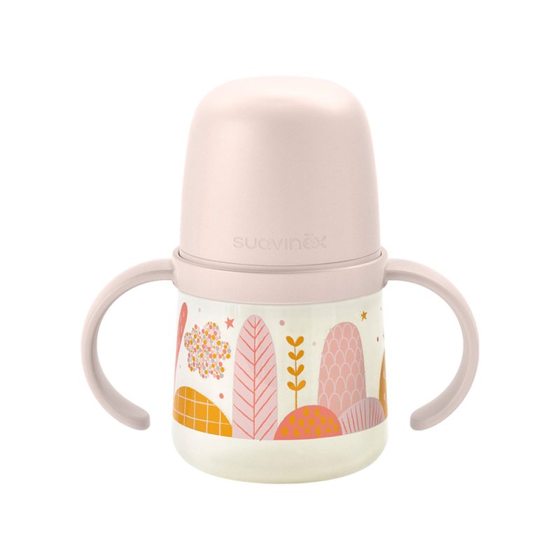 BIBERON-PLASTIQUE-150ML-AVEC-POIGNEES-6M-ROSE