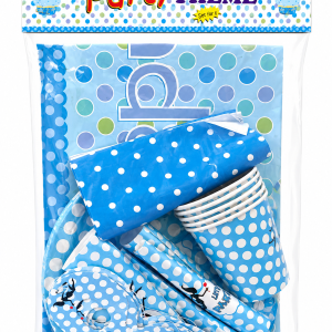 KIT-ANNIVERSSAIRE-PQTX6-GOBELETS-ASSIETTE-SIFFLET-MASQUE-MOUCHOIRE-1-BANDEROLE-POIS-BLEU