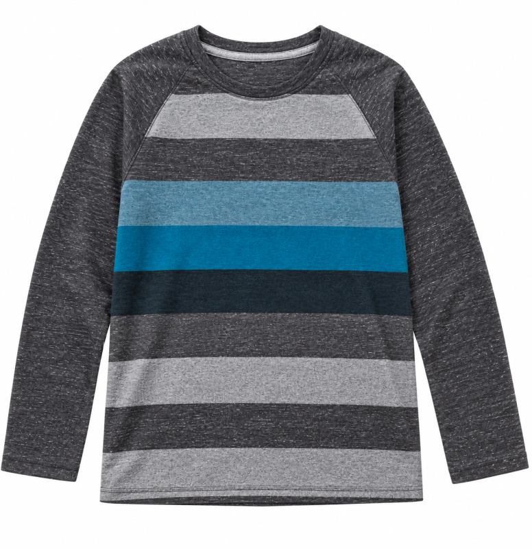 TSHIRT-MANCHE-LONGUE-GRIS-FONCE-BANDE-BLEU-NOIR-GRIS-CLAIR